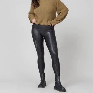 SPANX S Faux Leather Moto Leggings Black Grunge 0287